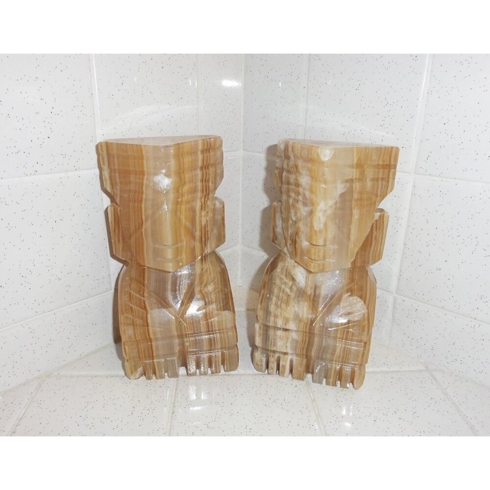 Vintage Hand Carved Onyx Aztec Totem Bookends Tiki statue Mayan mcm retro